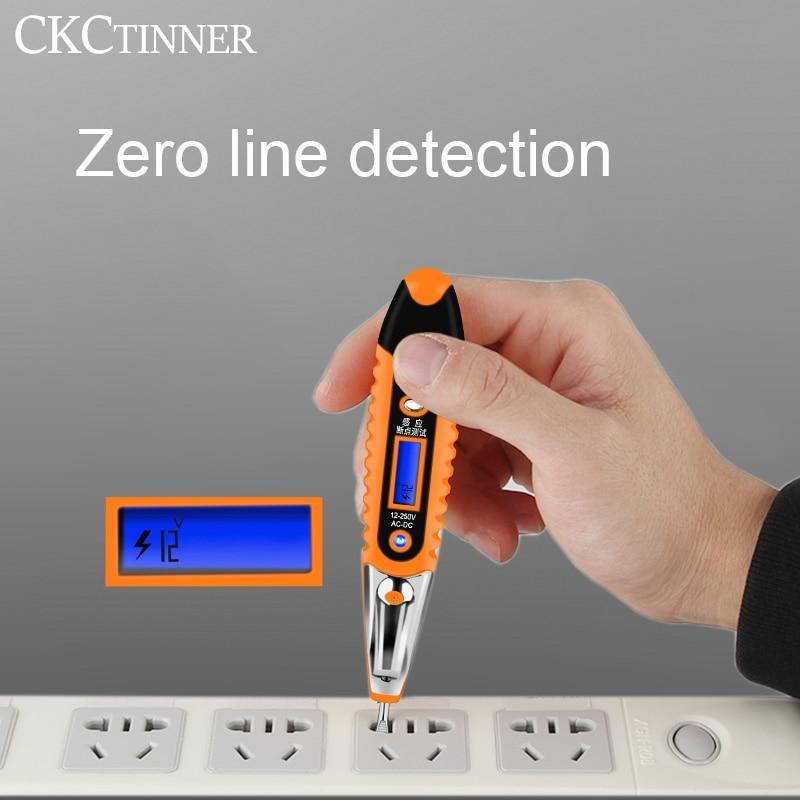 Digital electric test pen with LCD display, LED light; detects AC/DC voltage, compact design, suitable for any workspace.