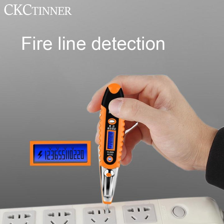 Digital electric test pen with LCD display, LED light; detects AC/DC voltage, compact design, suitable for any workspace.
