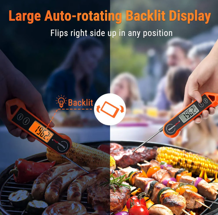 Digital food thermometer with backlit LCD, sleek design, foldable probe, magnetic back, ideal for precise cooking.