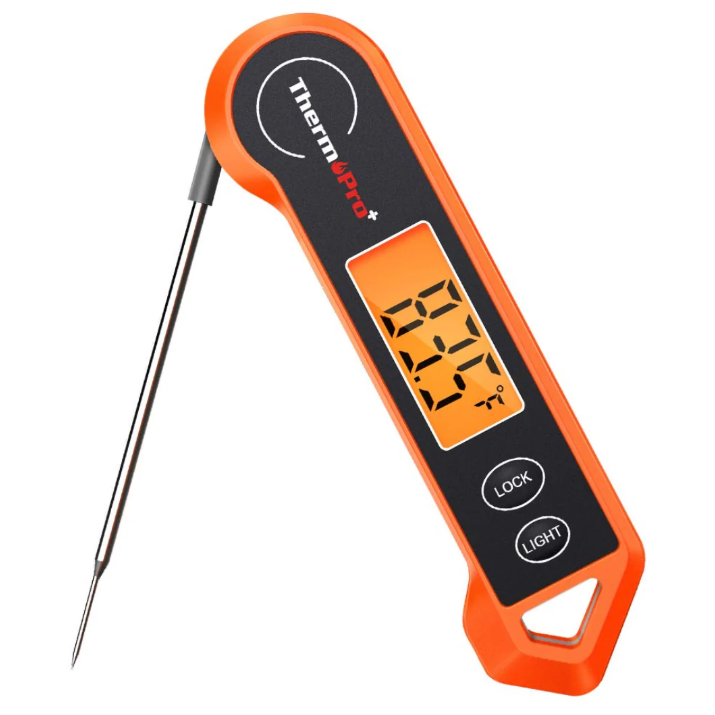Digital food thermometer with backlit LCD, sleek design, foldable probe, magnetic back, ideal for precise cooking.