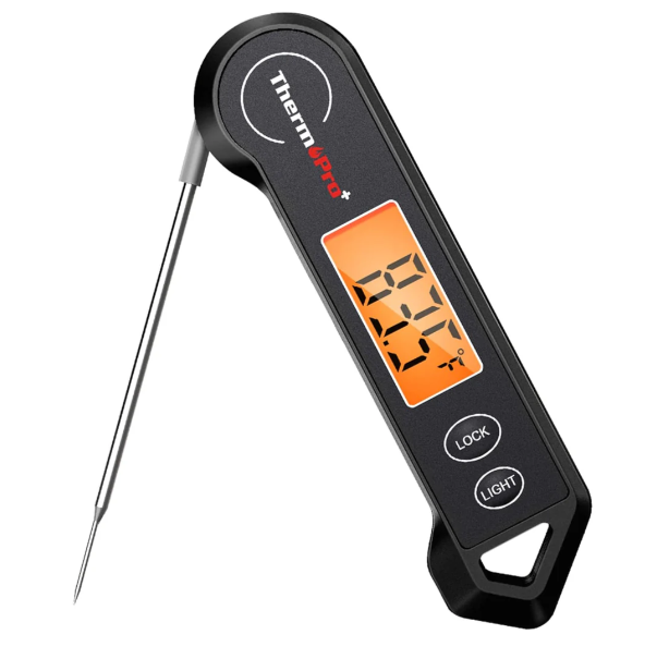 Digital food thermometer with backlit LCD, sleek design, foldable probe, magnetic back, ideal for precise cooking.