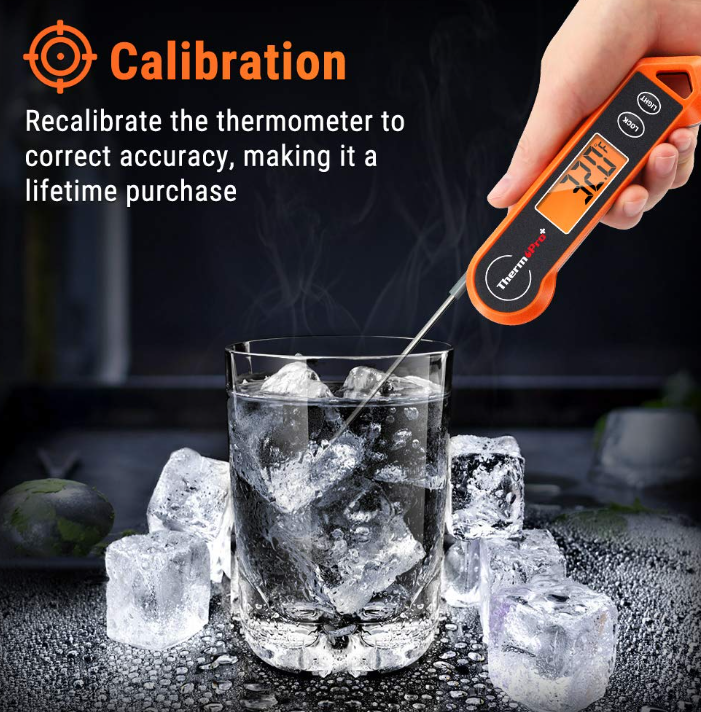 Digital food thermometer with backlit LCD, sleek design, foldable probe, magnetic back, ideal for precise cooking.