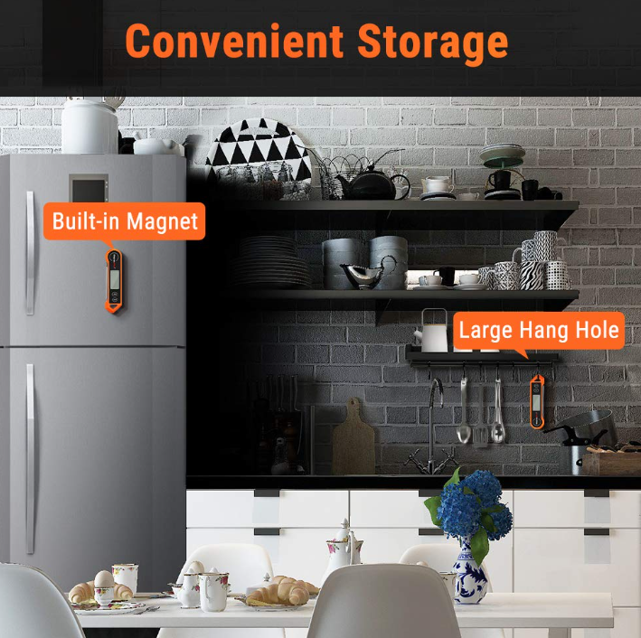 Digital food thermometer with backlit LCD, sleek design, foldable probe, magnetic back, ideal for precise cooking.