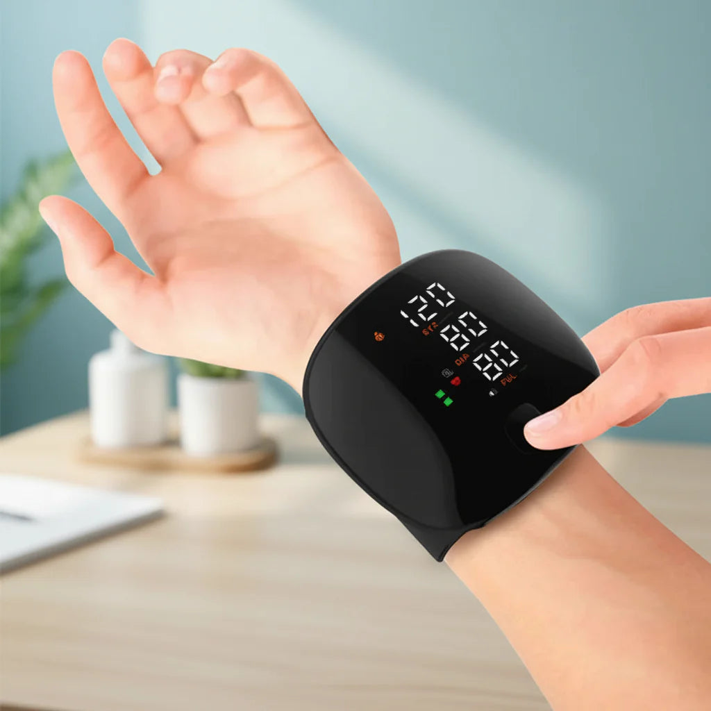 Digital wrist blood pressure monitor for easy home health tracking & wellness.