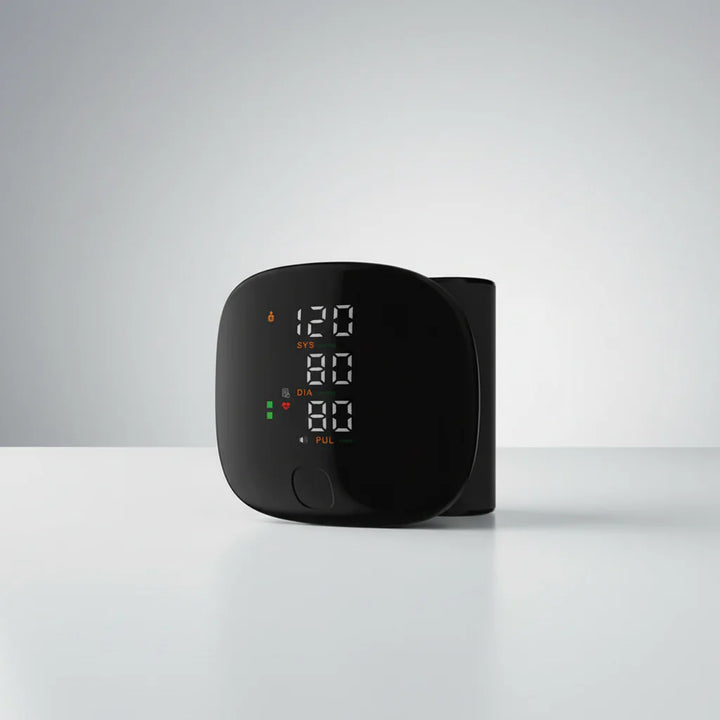 Portable automatic digital wrist BP monitor, perfect for convenient health tracking & senior care.