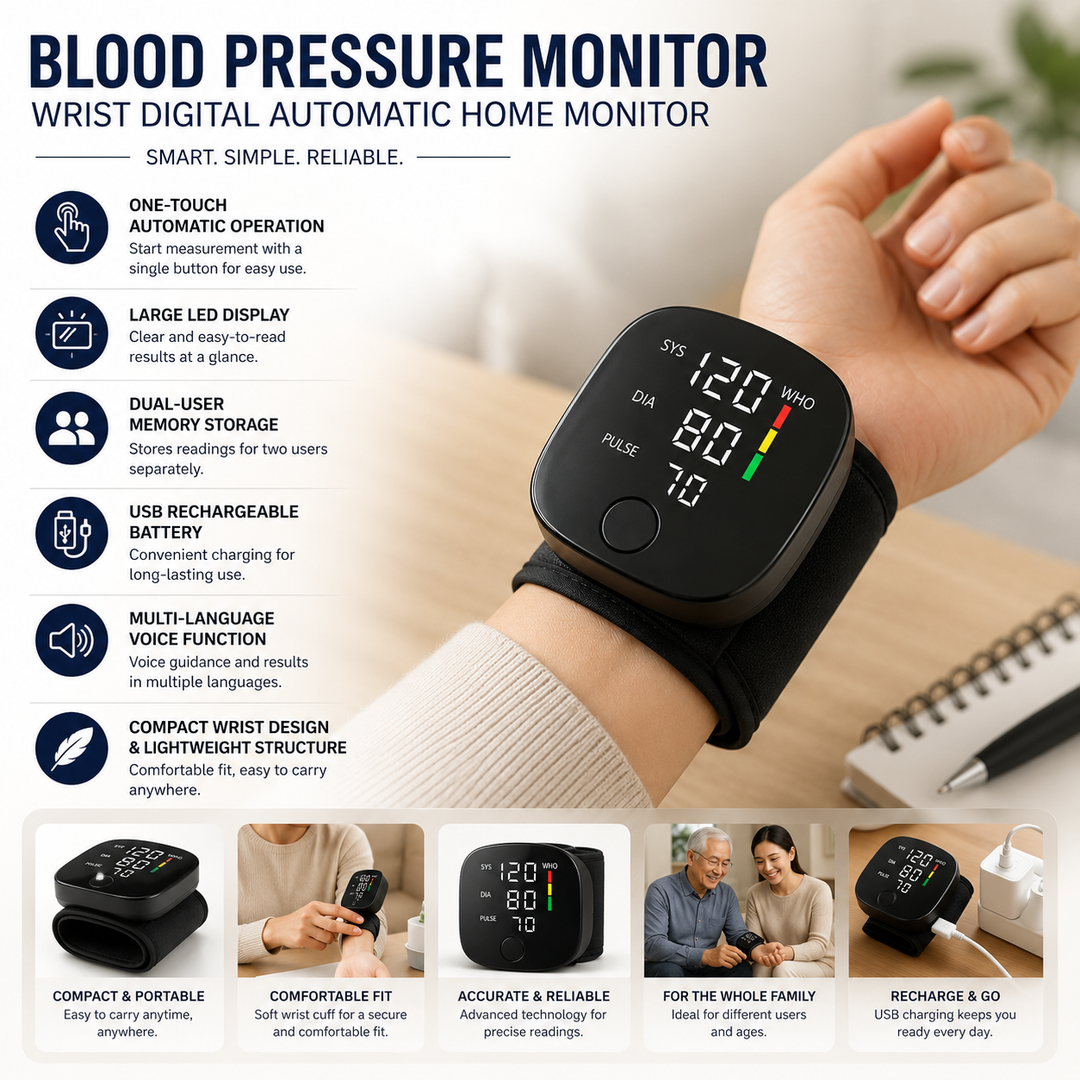Rechargeable digital wrist blood pressure monitor for accurate daily home health monitoring.