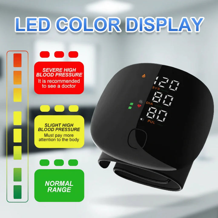 Compact automatic digital wrist blood pressure monitor for reliable home health checks.