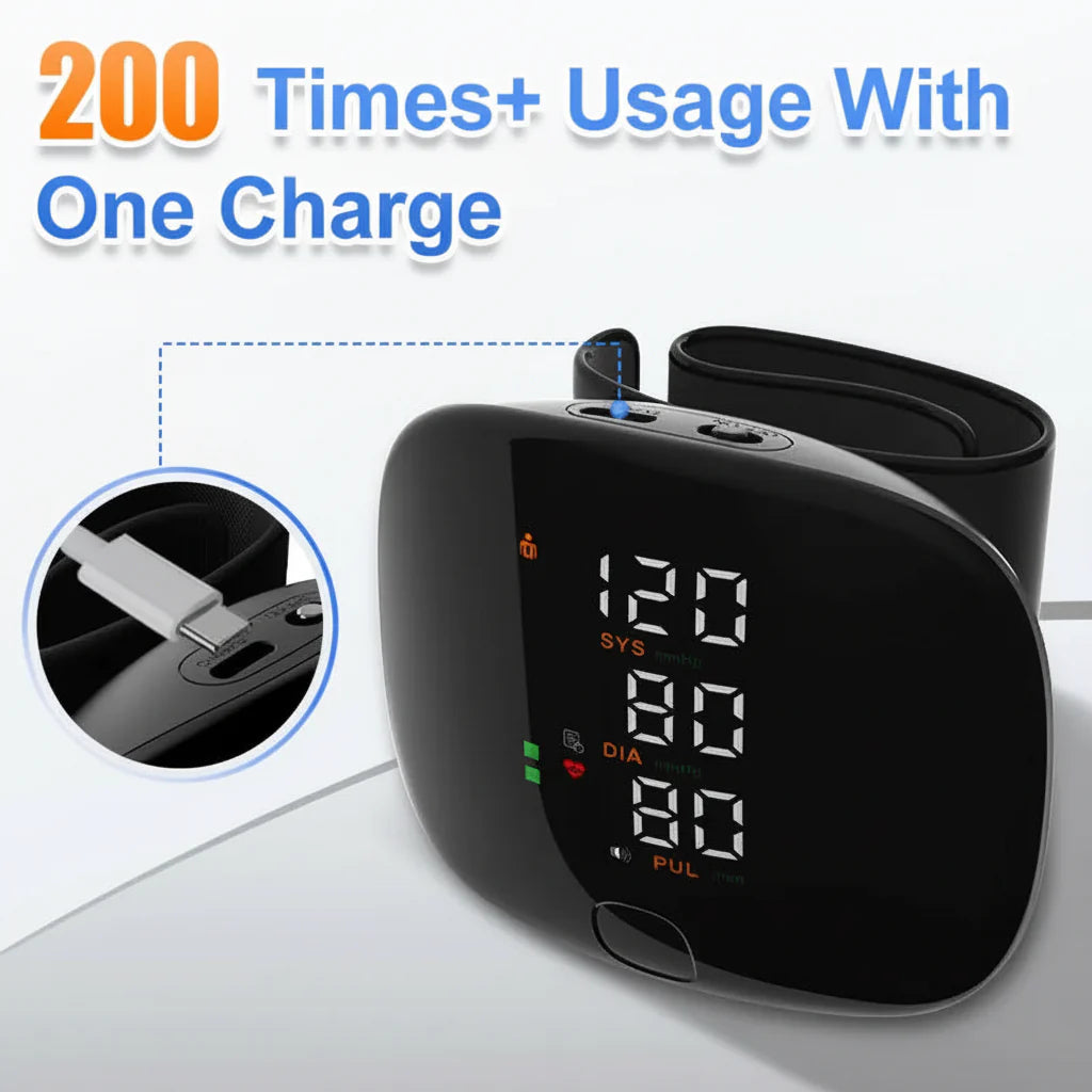 Home digital wrist BP monitor with large display for easy reading & consistent health tracking.