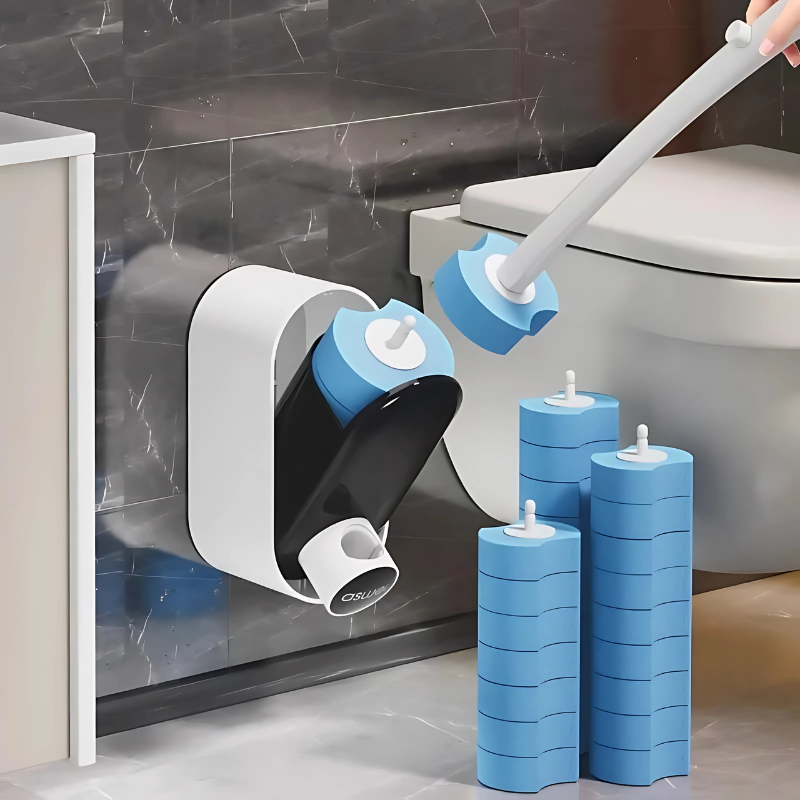 "Disposable ergonomic toilet brush with detachable head, featuring a sleek handle and pre-loaded cleaning sponge."