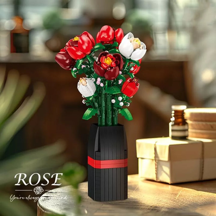 "DIY Rose Bouquet Building Set, 761-piece, lifelike roses, customizable floral arrangement, engaging for all ages."