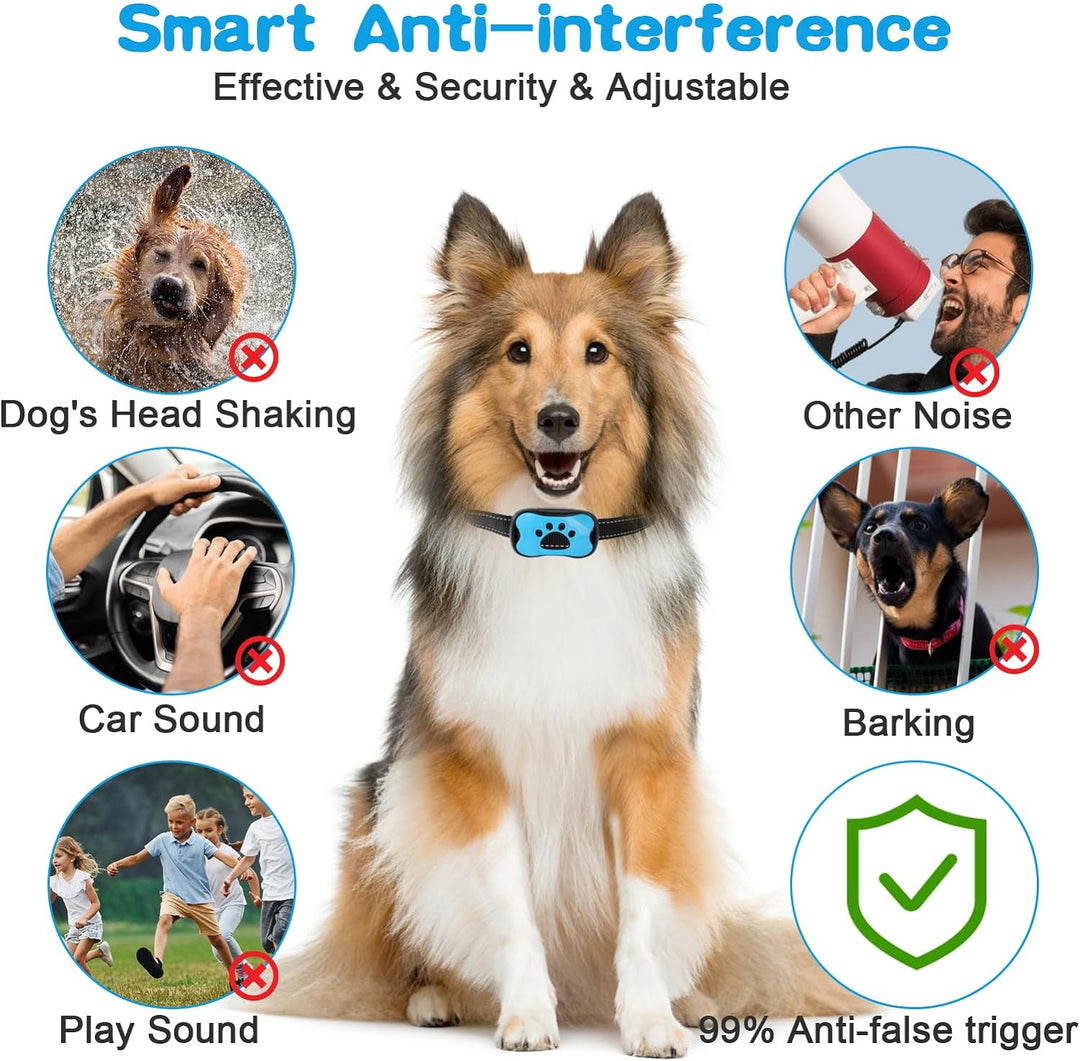 "Dog anti-bark collar with adjustable strap, featuring smart chip, beep, and vibration modes in sleek design, for all dog siz