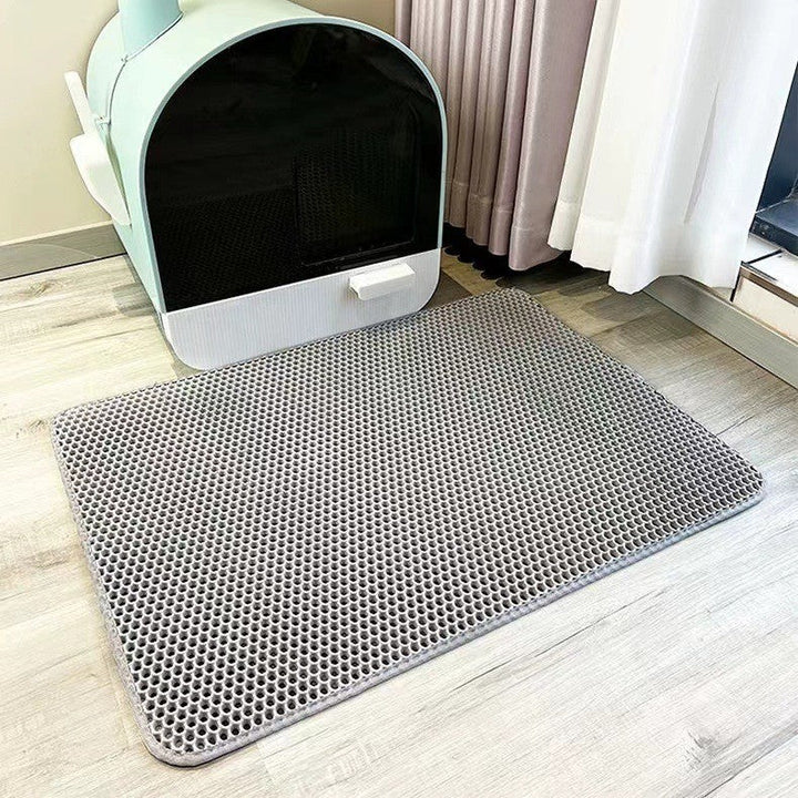 Double-layer anti-spill cat litter mat in grey, captures stray litter easily and is waterproof for clean floors.