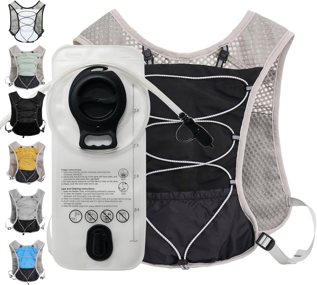 Marathon equipment: Dravien running vest, 2L hydration bladder, ultralight & adjustable.