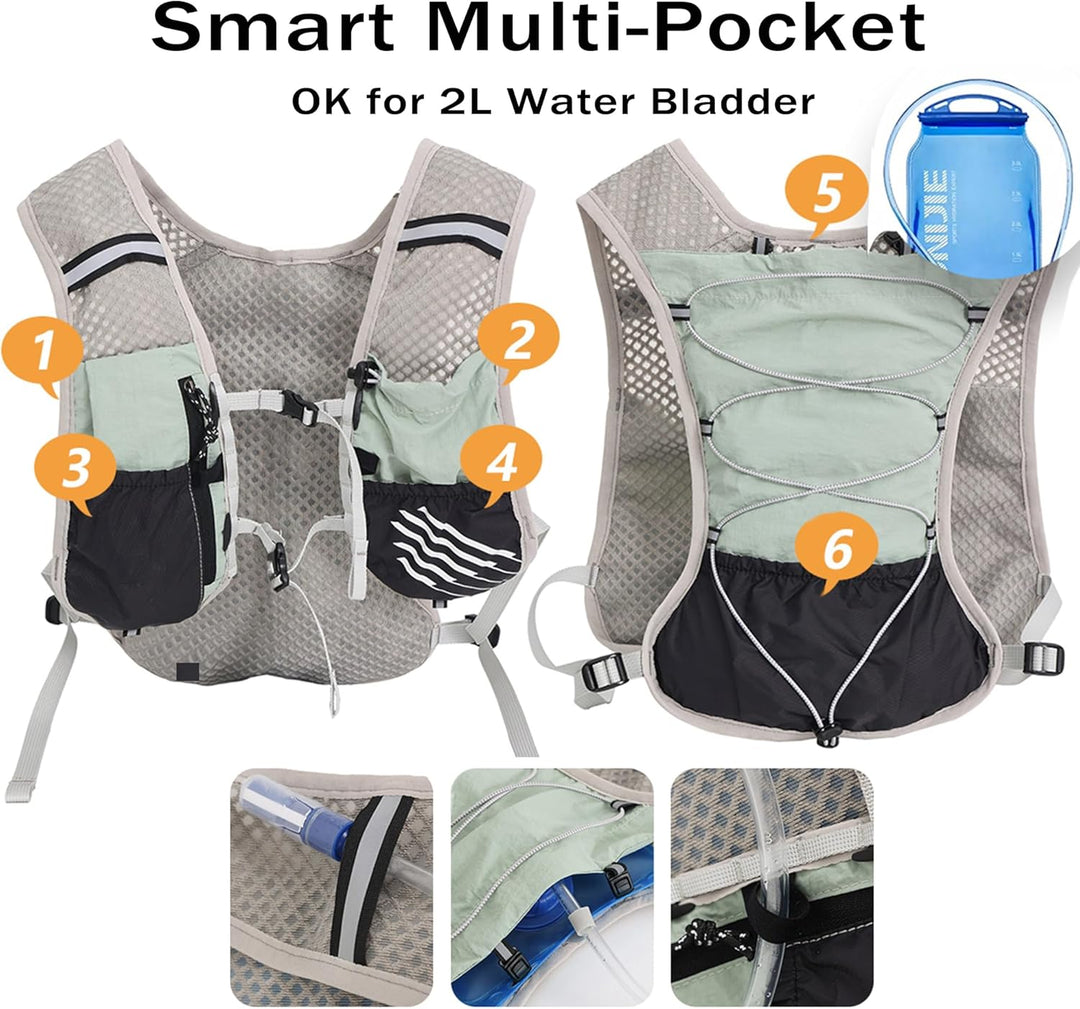Breathable ultralight hydration pack with 2L bladder, ideal for hiking and long runs.