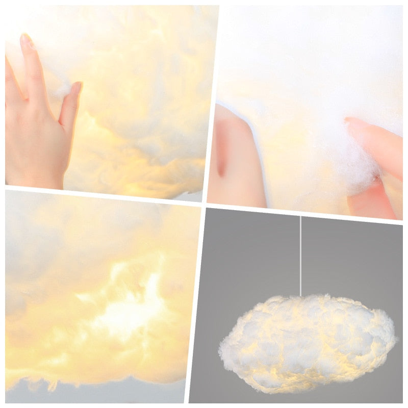 "Dreamy cloud chandelier with soft, fluffy cotton design emits warm, inviting glow for cozy home lighting ambiance."