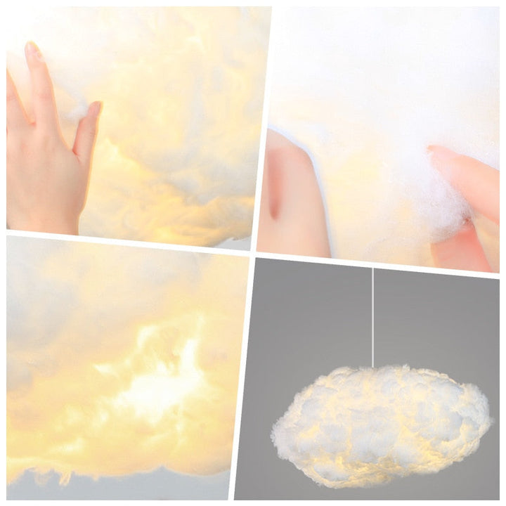 "Dreamy cloud chandelier with soft, fluffy cotton design emits warm, inviting glow for cozy home lighting ambiance."