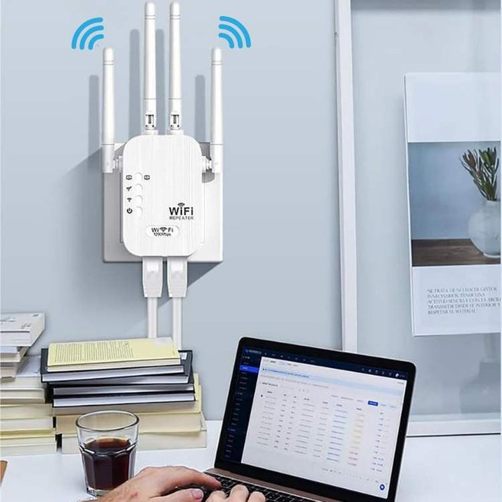 "Dual-Band Long-Range Outdoor WiFi Booster 1200Mbps extends coverage, weather-resistant, sleek design; enhances connectivity.