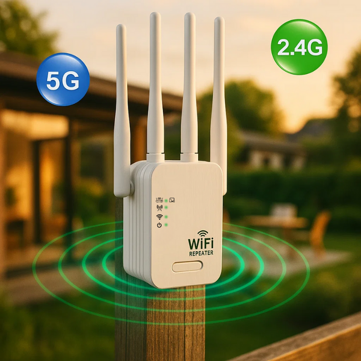 Dual-Band WiFi Range Booster, sleek design, enhances connectivity outdoors, ideal for offices with dual antennas and LED indi
