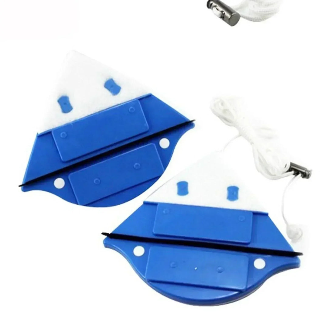 "Dual-sided magnetic window cleaner, blue and white with ergonomic grip, designed for streak-free glass cleaning, indoors and