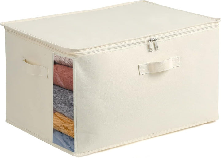 Durable canvas clothes storage organizer with clear window & handles for home organization.