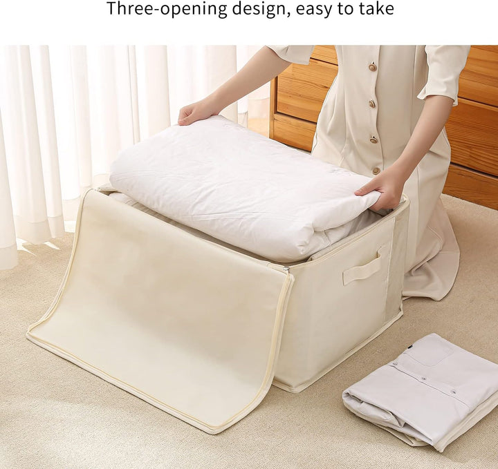 Grey canvas clothes storage bag with clear front window for easy content viewing.