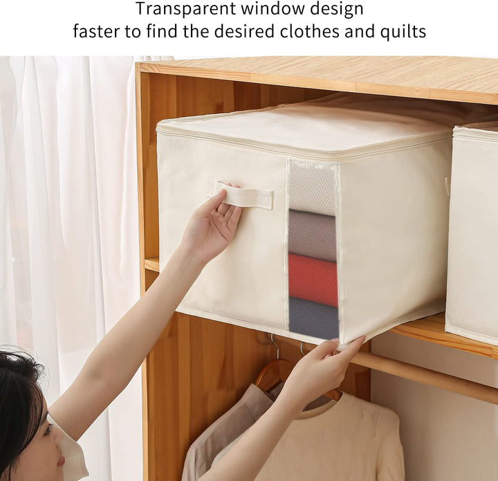 Zippered canvas storage container for clothes, blankets, featuring clear window & handles.