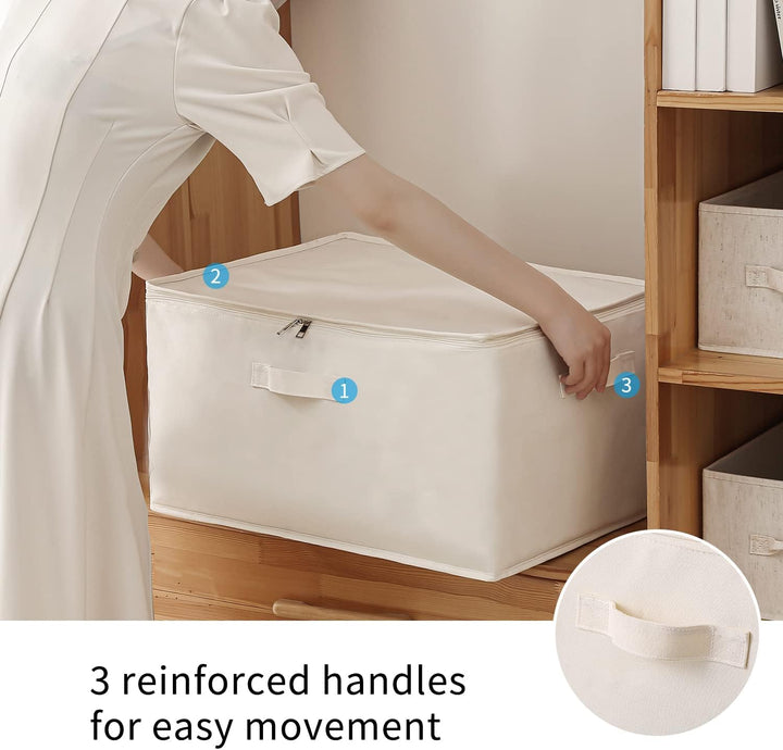 Closet-friendly canvas storage bag, clear window, sturdy handles, ideal for clothes.