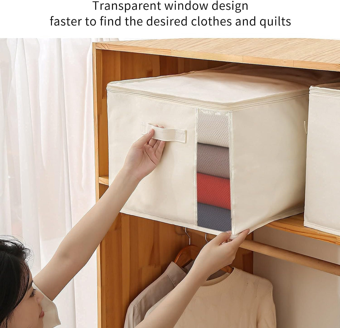 Zippered canvas clothes storage bag, clear window for easy content viewing & strong handles.