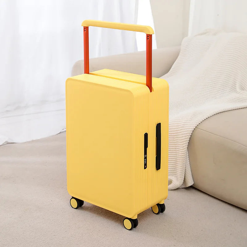 Modern hard shell travel suitcase with multi-directional smooth spinner wheels for effortless mobility.