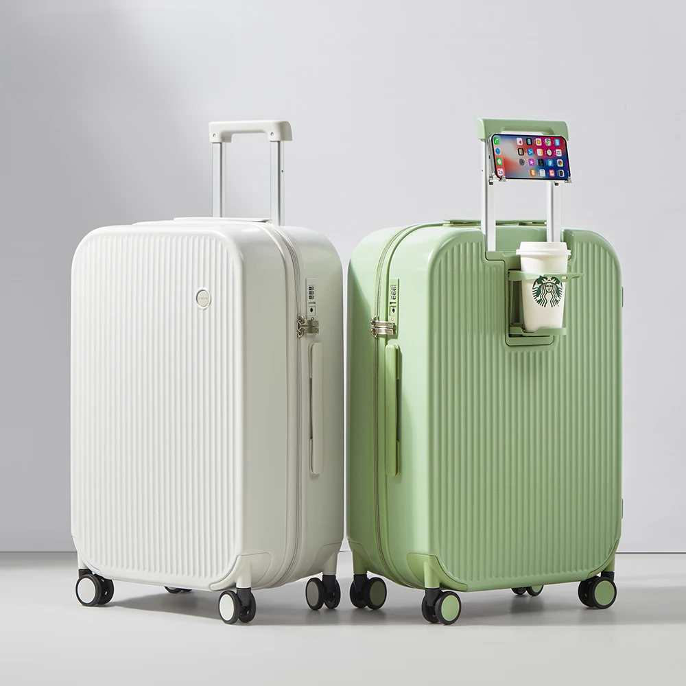 Durable Lyon hard-shell suitcase with integrated cup and phone holders. Perfect travel luggage for organized trips.