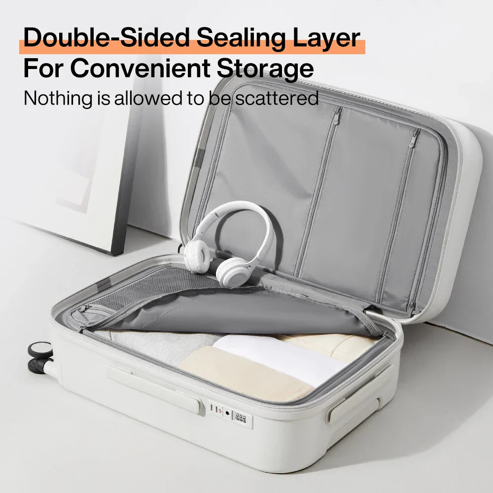 Stylish Lyon hard-shell suitcase with convenient cup and phone holders. Your essential travel gear for weekend trips.