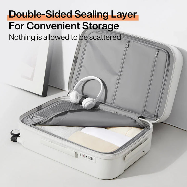 Stylish Lyon hard-shell suitcase with convenient cup and phone holders. Your essential travel gear for weekend trips.