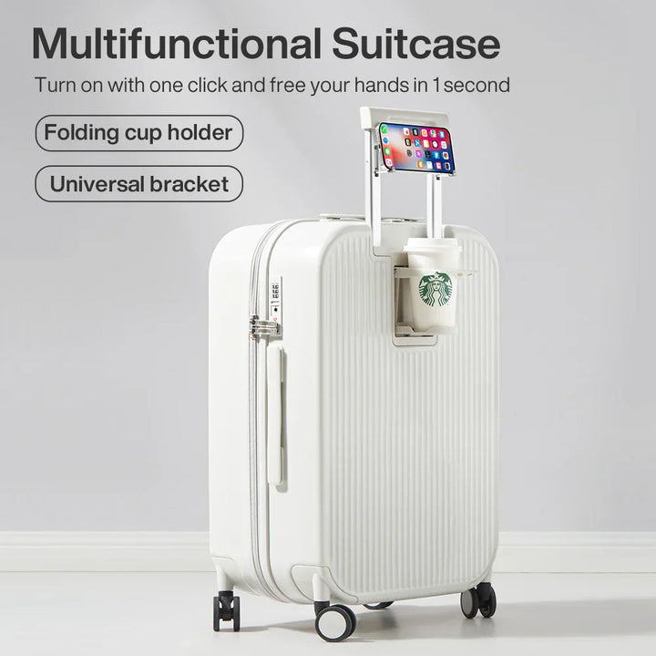 Robust Lyon hard-shell luggage, ideal for organized travel. Durable shell, spinner wheels, plus handy cup and phone holders.
