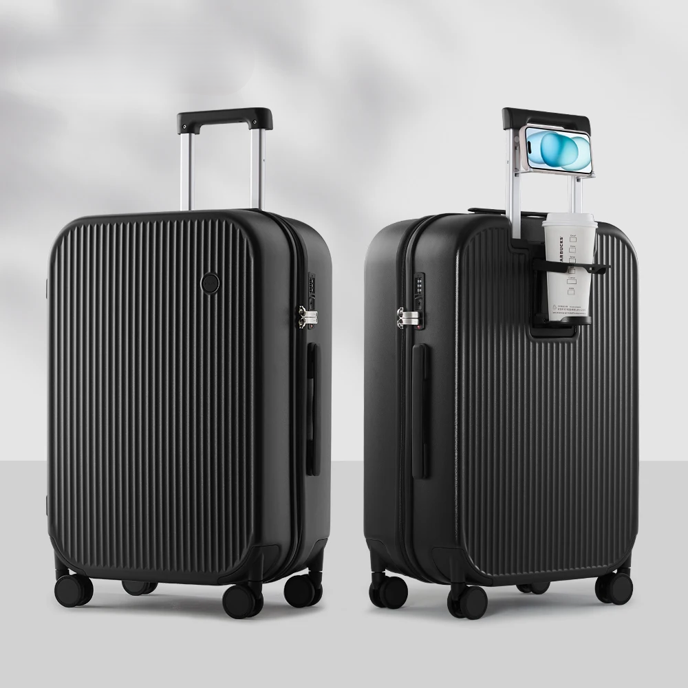 The Lyon hard-shell suitcase in a modern finish. Features integrated cup holder, phone holder & durable spinner wheels.