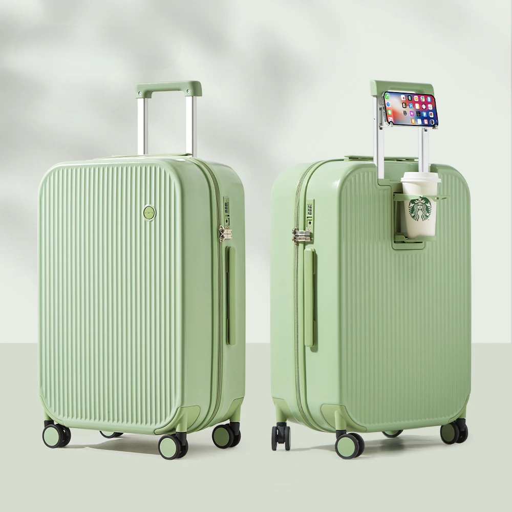 Lyon hard-shell vacation suitcase. Stay hydrated & connected with built-in cup & phone holders, plus smooth spinner wheels.