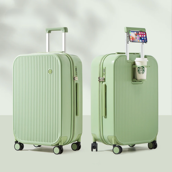 Lyon hard-shell vacation suitcase. Stay hydrated & connected with built-in cup & phone holders, plus smooth spinner wheels.