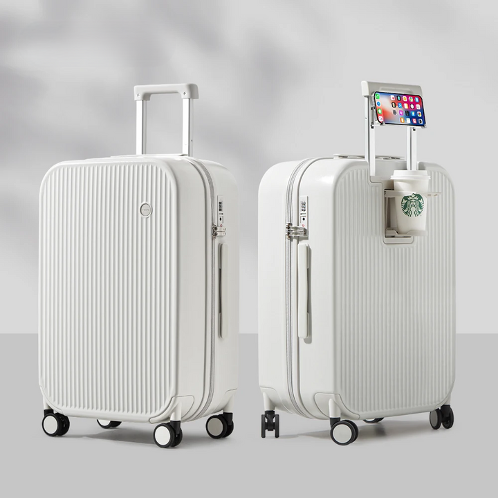 High-quality Lyon hard-shell travel gear. Spinner wheels and integrated cup/phone holders make this luggage a travel essential.