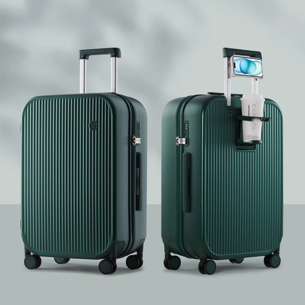 Streamlined Lyon hard-shell suitcase. Durable for frequent travel, with integrated holders for your phone & favorite drink.