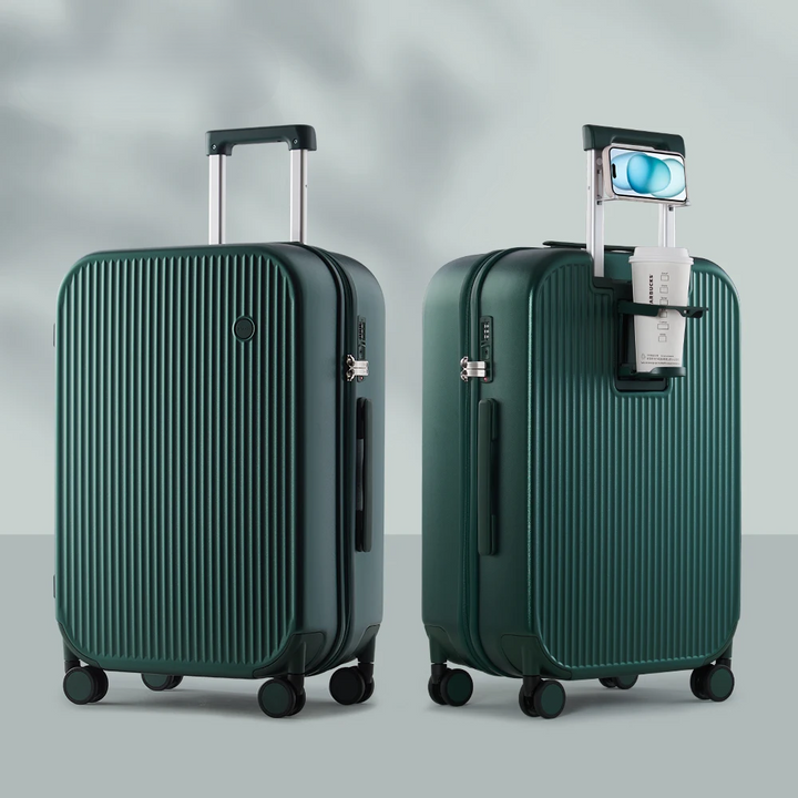 Streamlined Lyon hard-shell suitcase. Durable for frequent travel, with integrated holders for your phone & favorite drink.