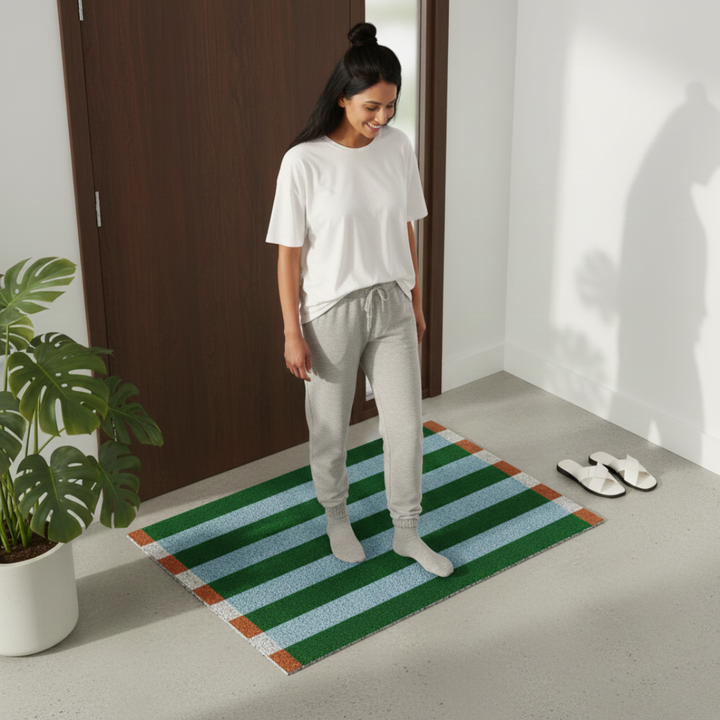 Durable PVC striped doormat for outdoor entryways. Modern chic welcome mat.
