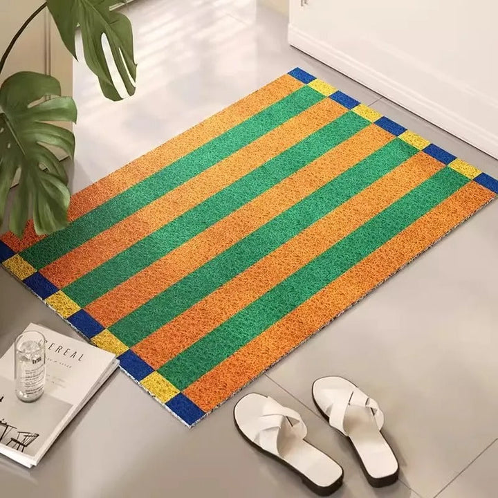 Durable PVC striped welcome mat. Chic entryway mat for modern outdoor & indoor home decor.