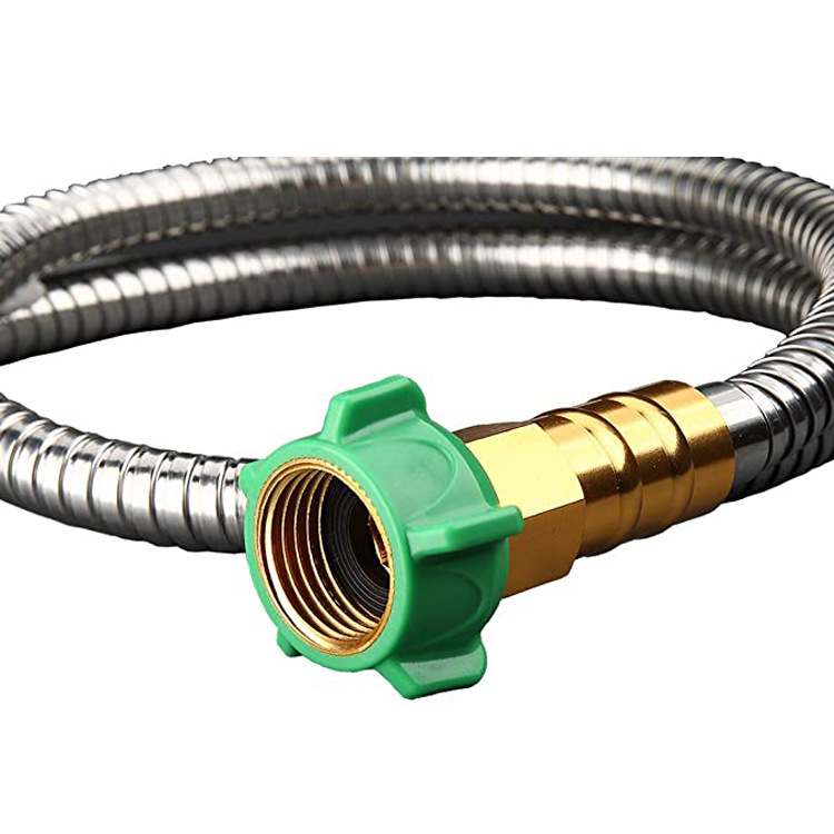 Durable stainless steel garden hose, kink-proof, flexible; features brass fittings for leak-proof performance, ideal for all 