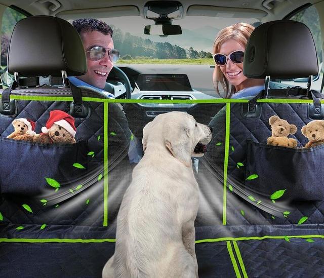 Durable waterproof dog car backseat cover hammock in black, protecting car seats. Perfect for pet supplies and travel.