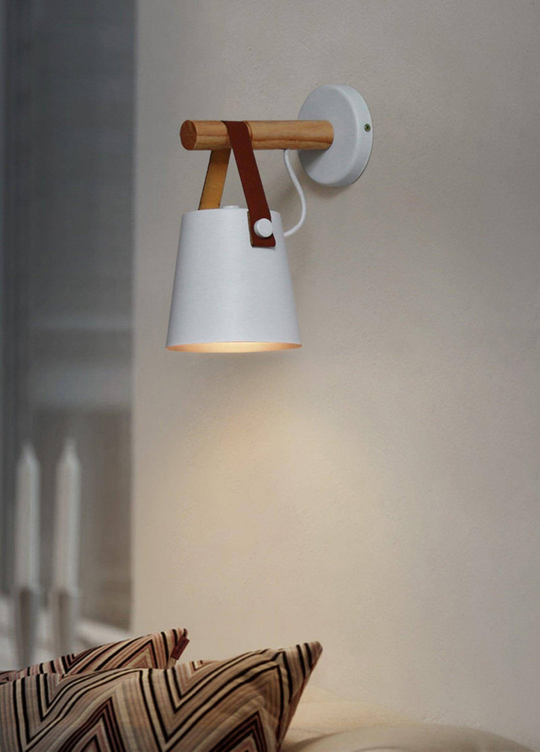 Conical Wooden Wall Light with Leather Strap
