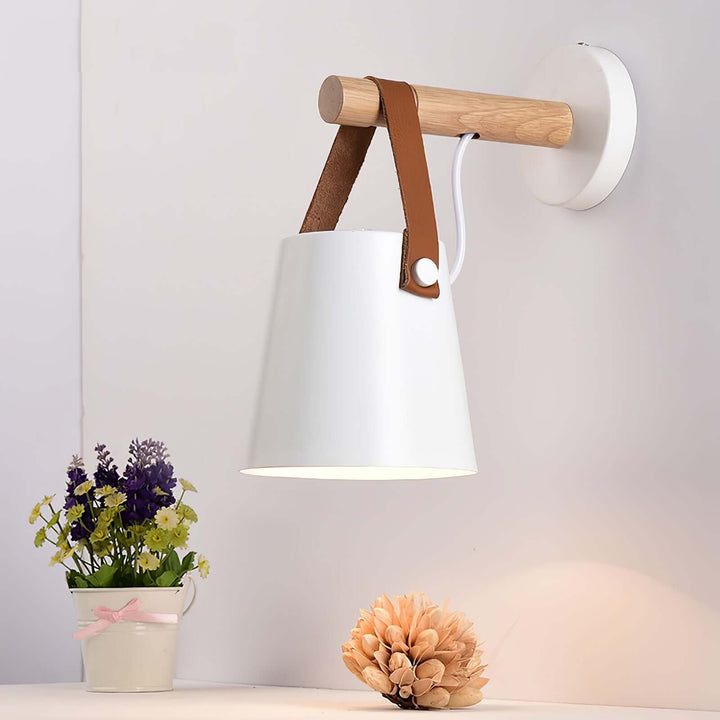 Conical Wooden Wall Light with Leather Strap