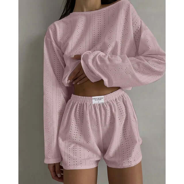 Women's Eyelet Knit Lounge Set - Crop Top & Shorts