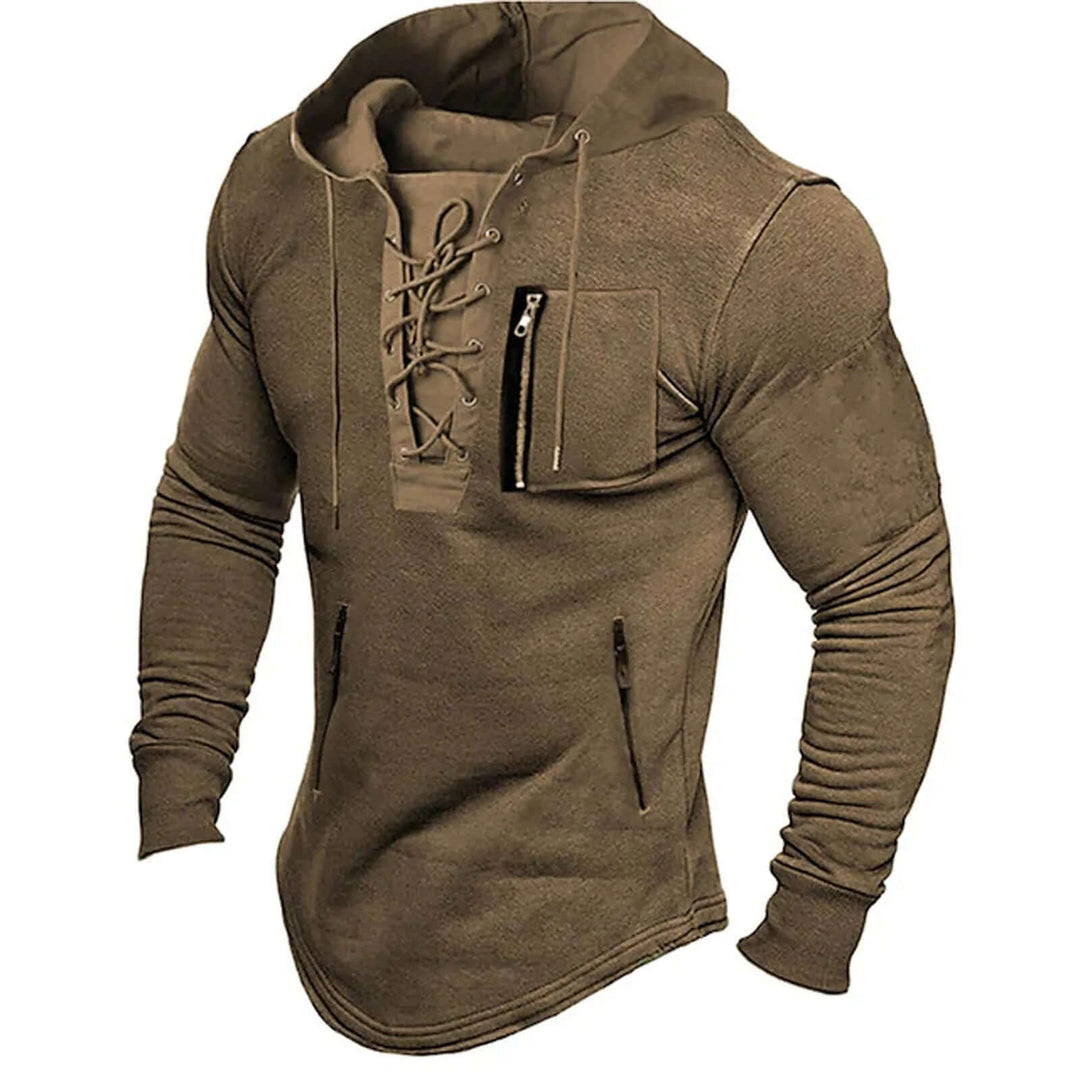 Men's Vintage Lace-Up Hoodie - Casual Comfort and Style