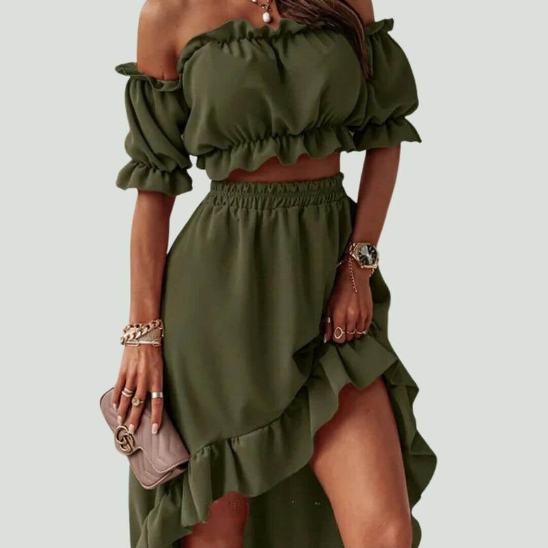 Women's Off-Shoulder Frill Crop Top & High-Low Skirt Set