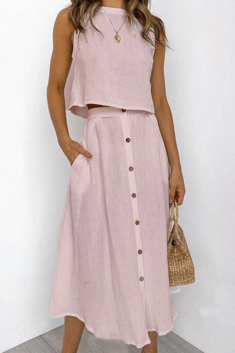 Women's Relaxed Round Neck Top and Midi Skirt Set