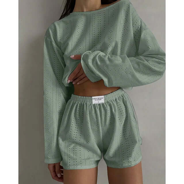 Women's Eyelet Knit Lounge Set - Crop Top & Shorts